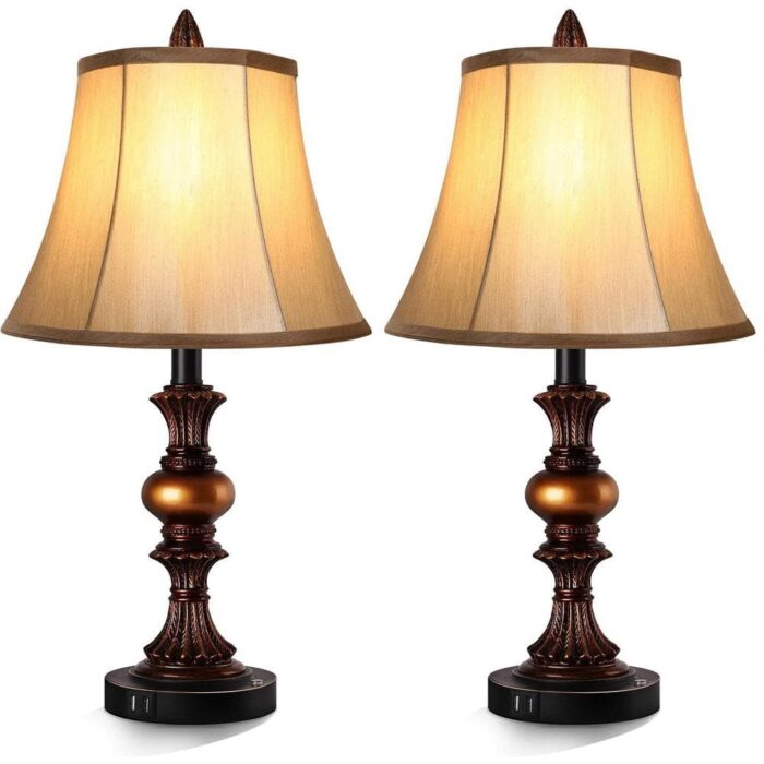 22 in. Vintage Bedside Lamps with Dual USB Charging Ports, 3-Way Dimmable Bronze Finish with Bell Shape Faux Silk