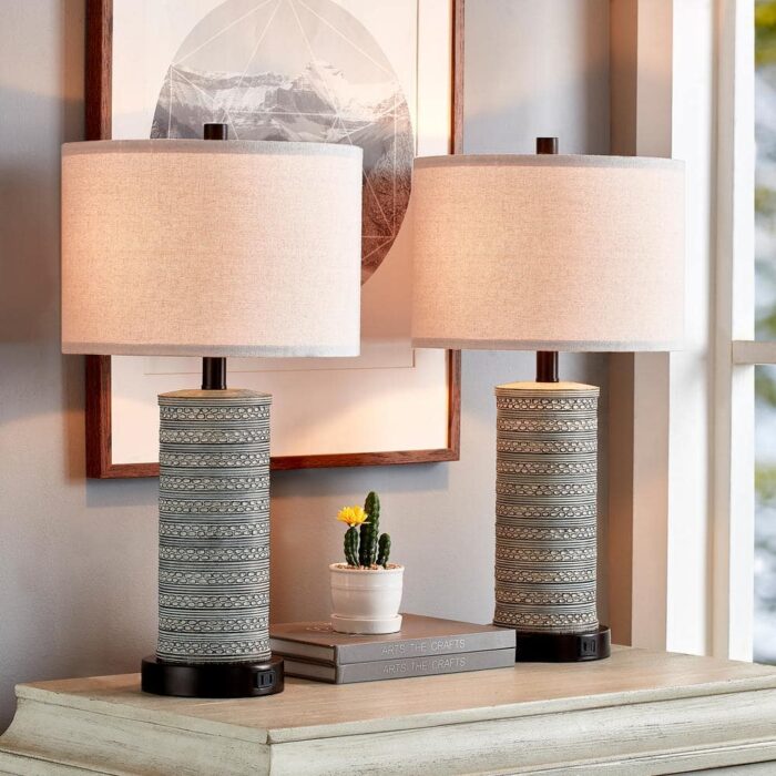 23 in. Distressed Two Tone Finish Table Lamp Set with USB Port and AC Outlet (LED Bulbs Included)